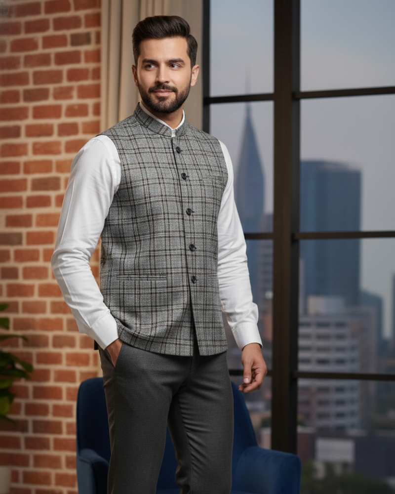 Grey Check Box Men's Waist Coat