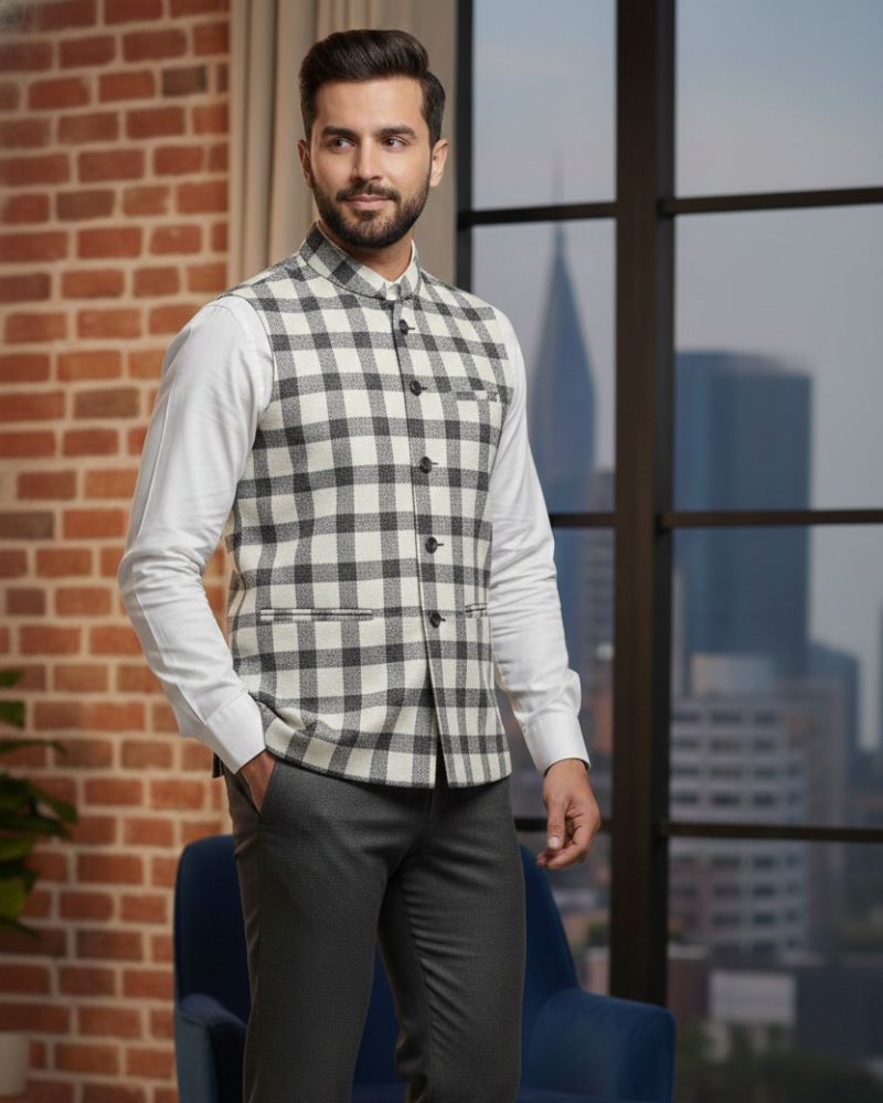 Black White Check Box Men's Waist Coat