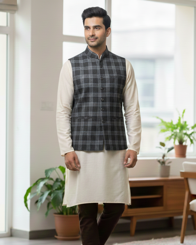 Black Check Box Men's Waist Coat