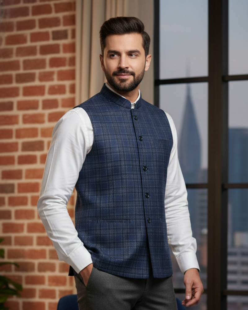 Navy Blue Check Box Men's Waist Coat