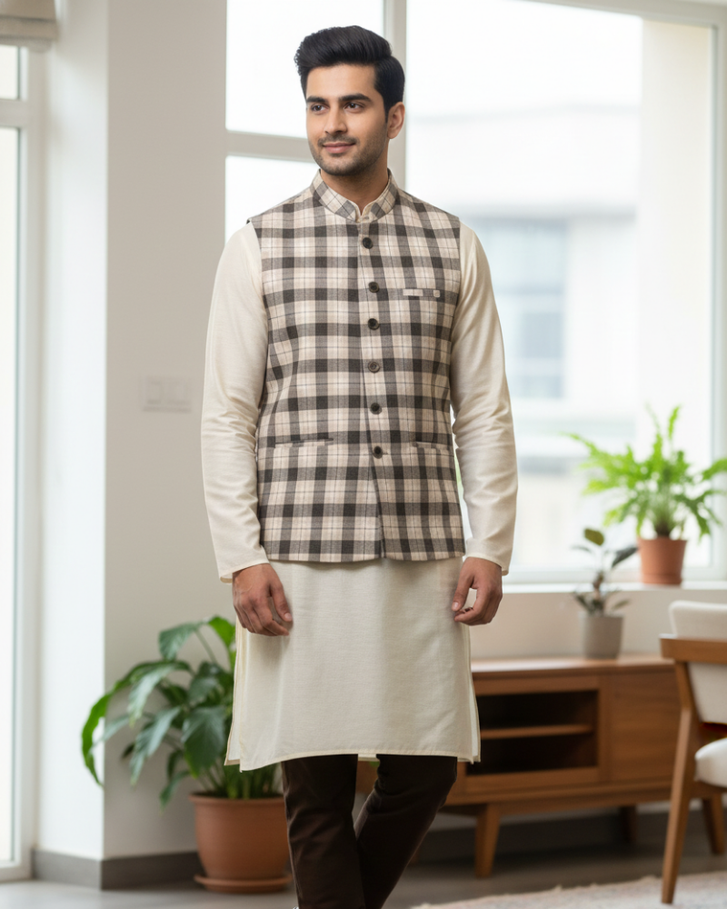 White Black Check Box Men's Waist Coat