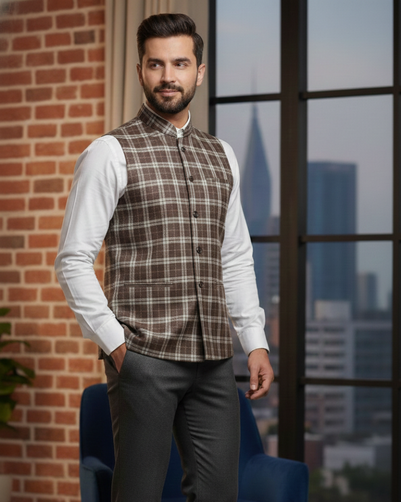 Dark Brown Check Box Men's Waist Coat