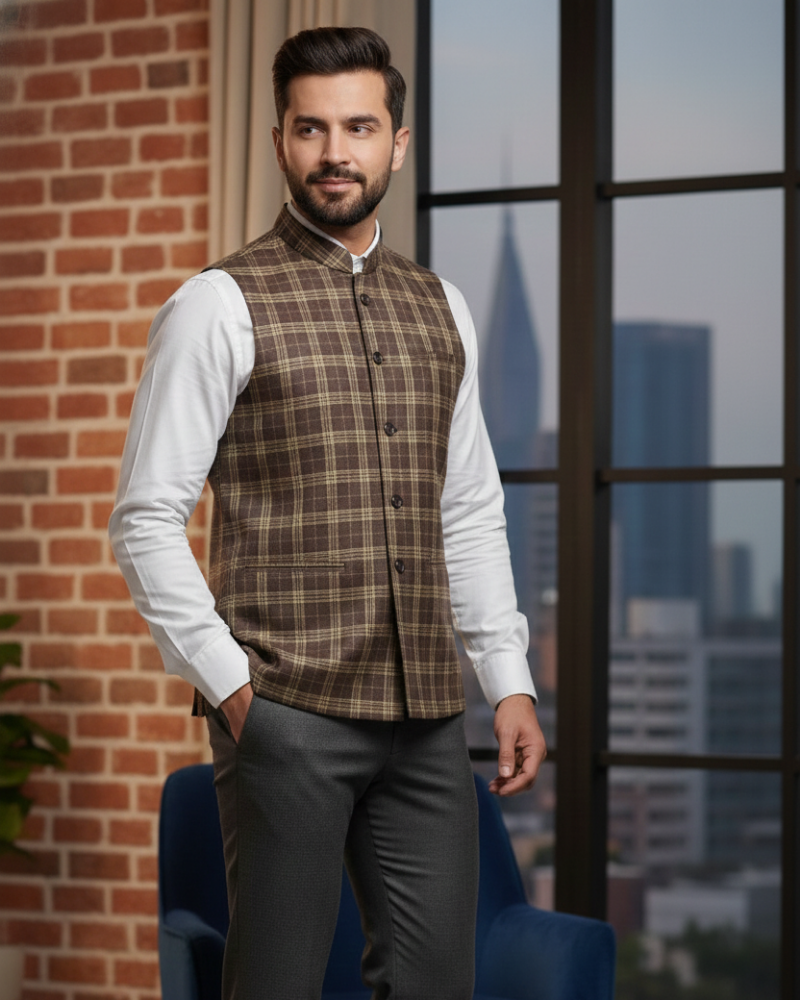 Brown Check Box Men's Waist Coat