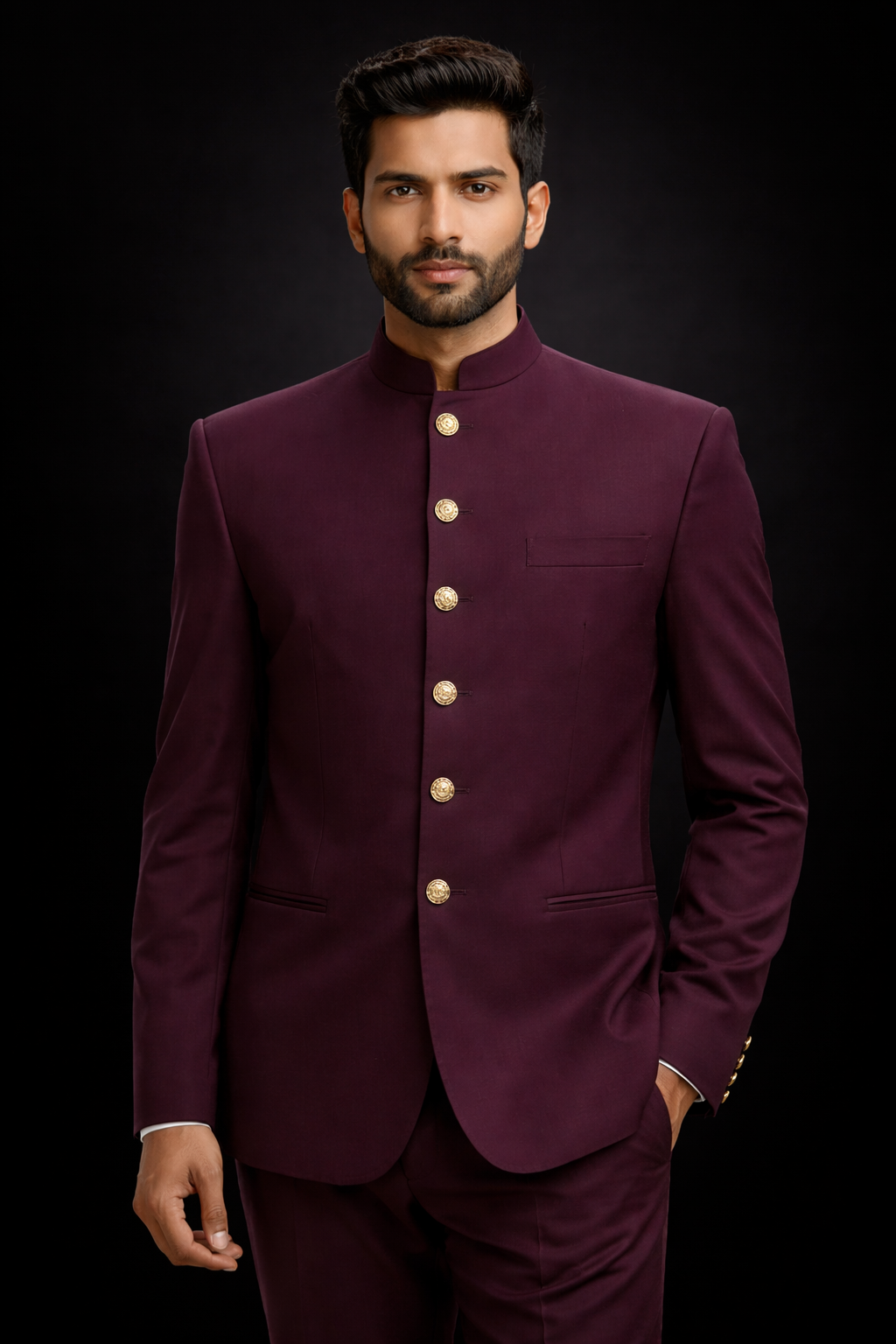 Basil Wine Classic with Gold Buttons – Premium Tailored Jodhpuri