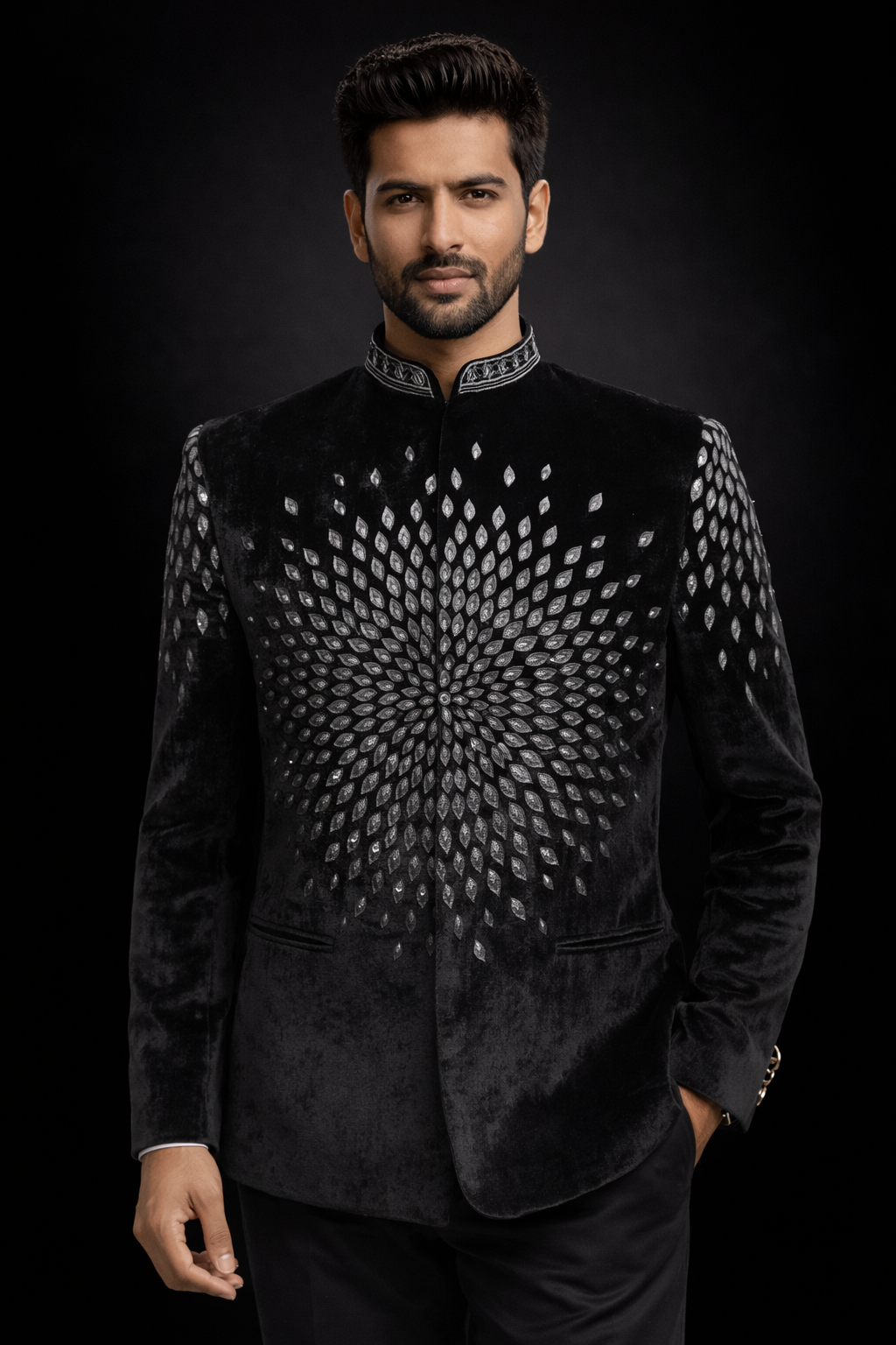 Basil Black Velvet Sherwani with Silver Embroidery
